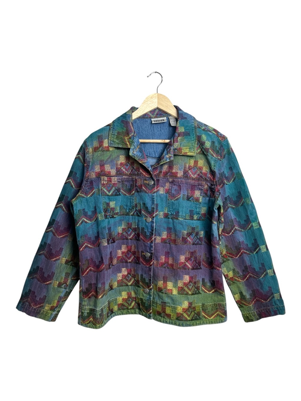 Chico’s Design Southwestern Aztec Denim Jacket Retro Boho Size 2